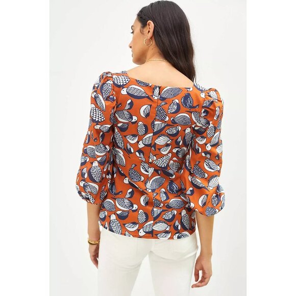 Anthropologie Eva Franco Tropical Birds Sweetheart Neck Blouse Puff Sleeves - Picture 3 of 3